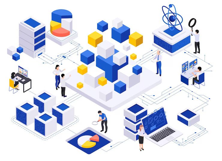 data economy isometric composition with isolated platforms connected with wires human characters computer infrastructure elements vector illustration 1284 79924 1