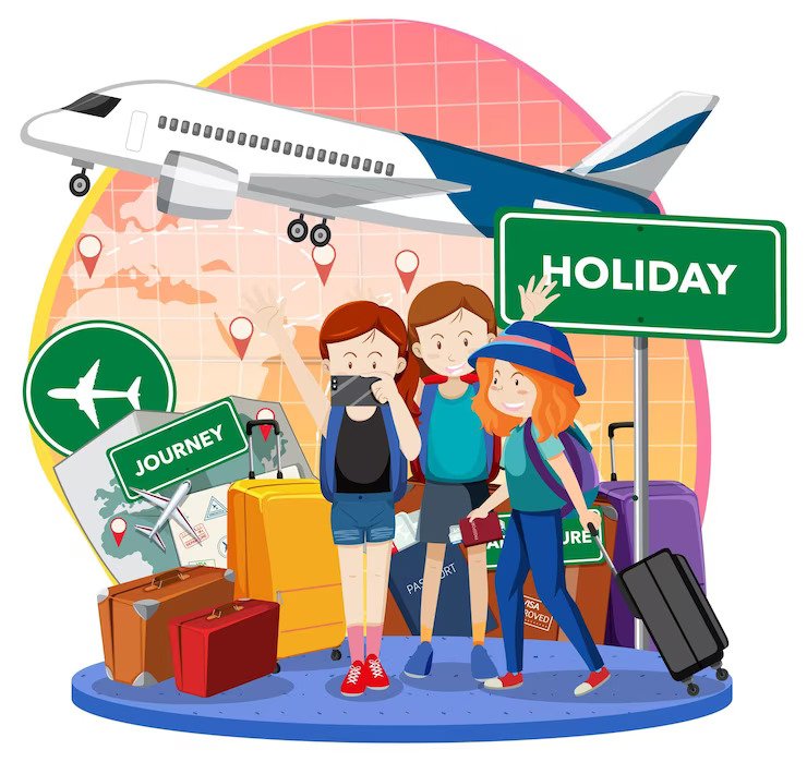 group tourists cartoon character with airplane 1308 88243