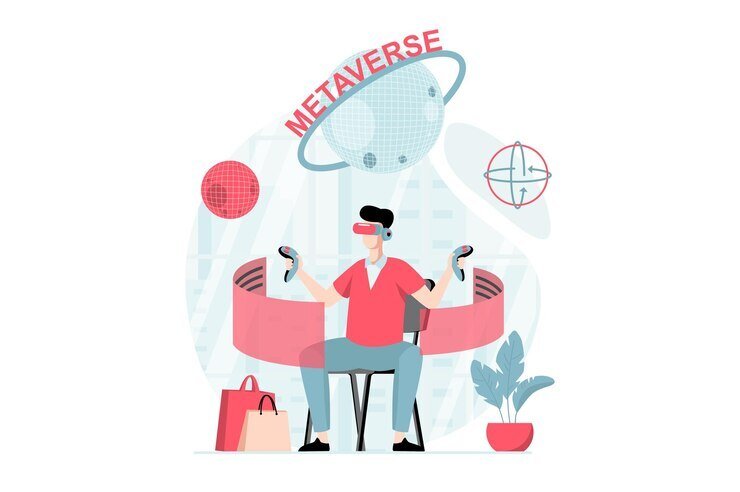 metaverse concept with people scene flat design man wearing vr headset interacting with virtual screens playing having virtual shopping vector illustration with character situation web 9209 10135