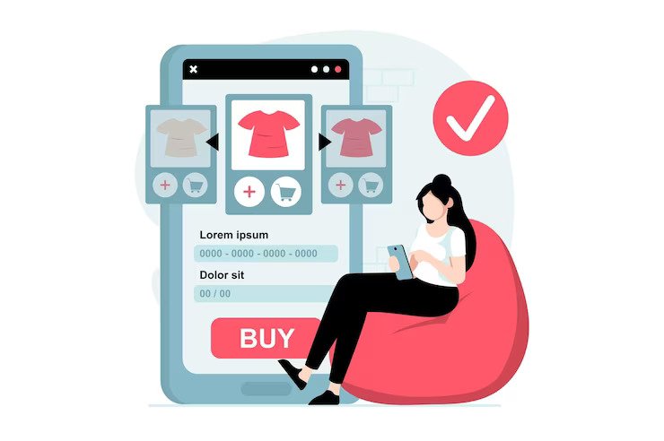 mobile commerce concept with people scene flat design woman choosing goods shop makes online purchases orders goods mobile app vector illustration with character situation web 9209 10156